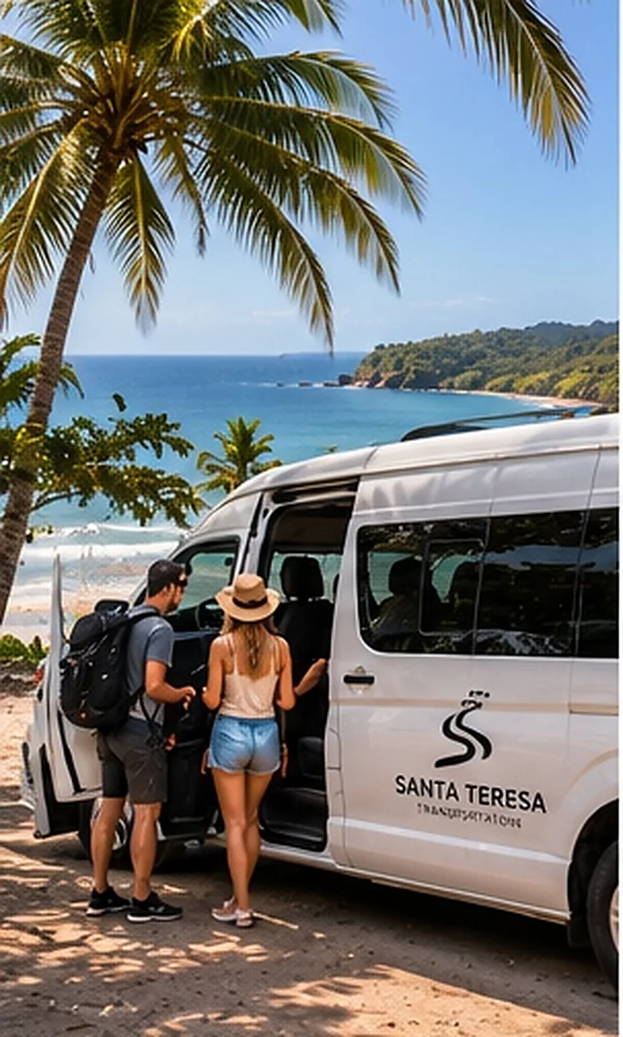 Ilustración creada con inteligencia artificial: turistas junto a buseta blanca en playa tropical; servicio de transporte de Costa Rica
