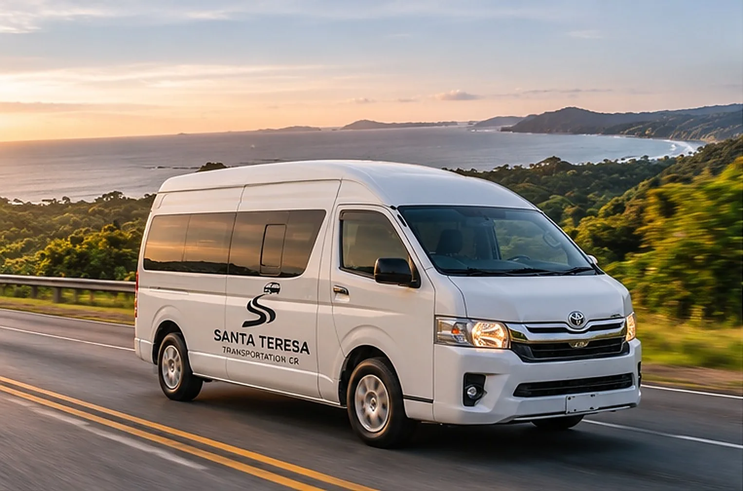 Ilustración creada con inteligencia artificial: buseta blanca en carretera costera panorámica; servicio de transporte de Costa Rica