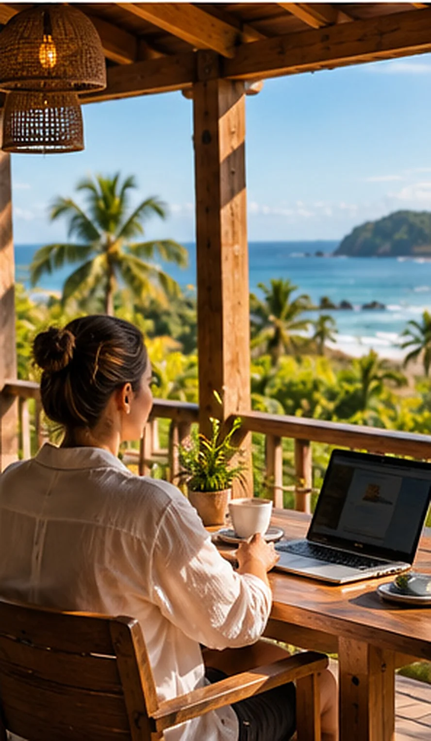 Ilustración creada con inteligencia artificial: viajera descansando en terraza tropical con vista a la costa; servicio de transporte de Costa Rica