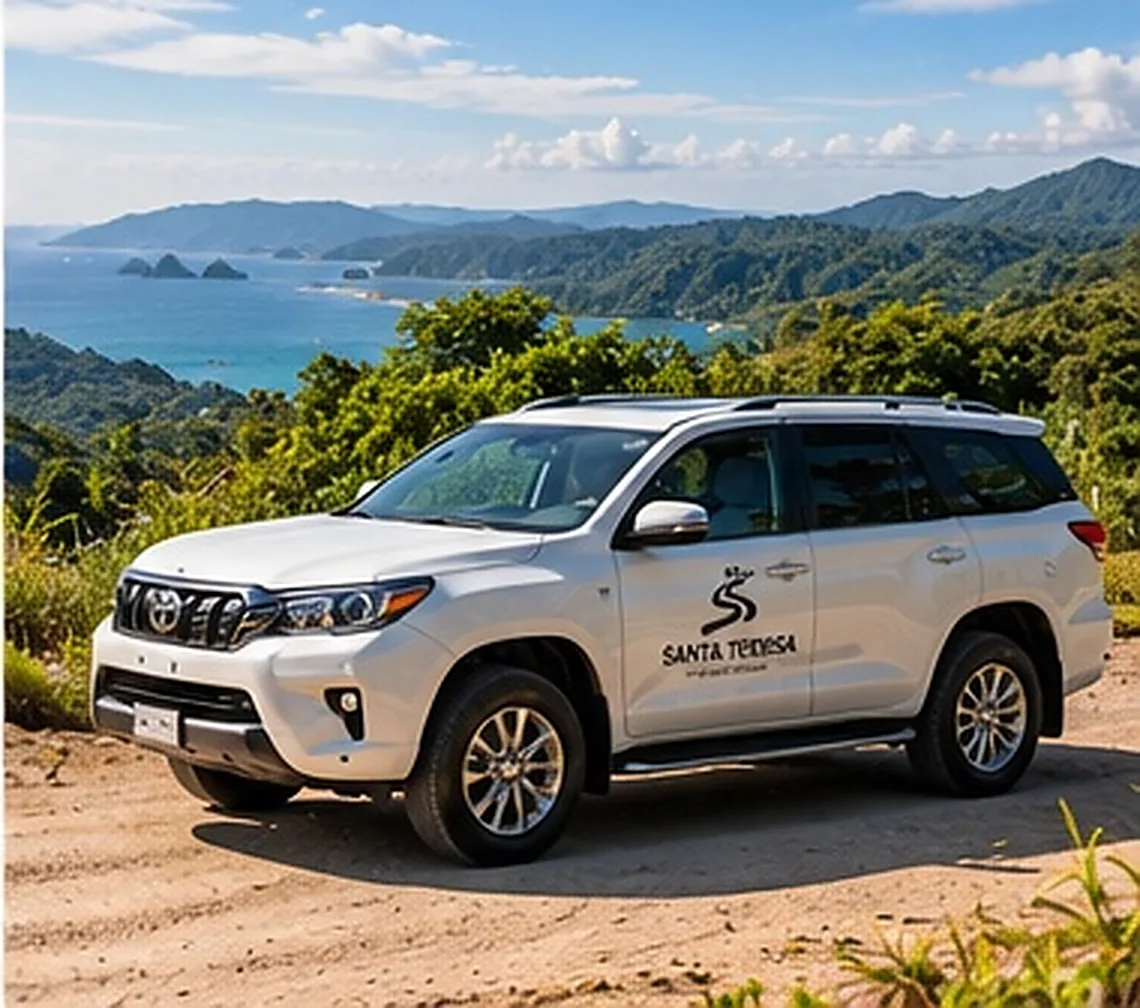 Ilustración creada con inteligencia artificial: suv blanca en mirador con vista a costa tropical; servicio de transporte de Costa Rica