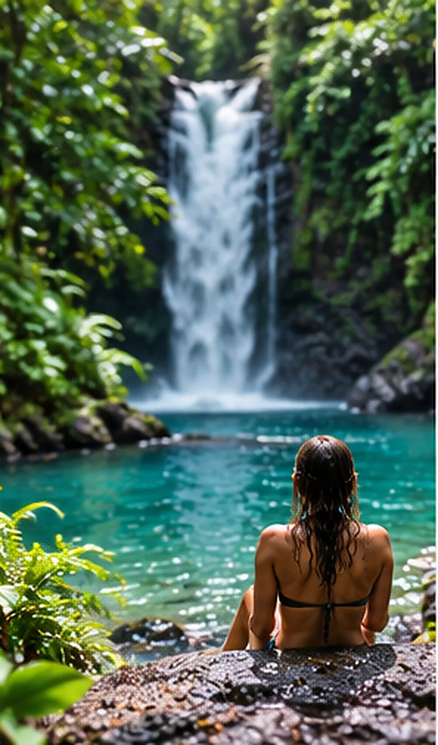 Ilustración creada con inteligencia artificial: viajera ante cascada tropical; servicio de transporte de Costa Rica