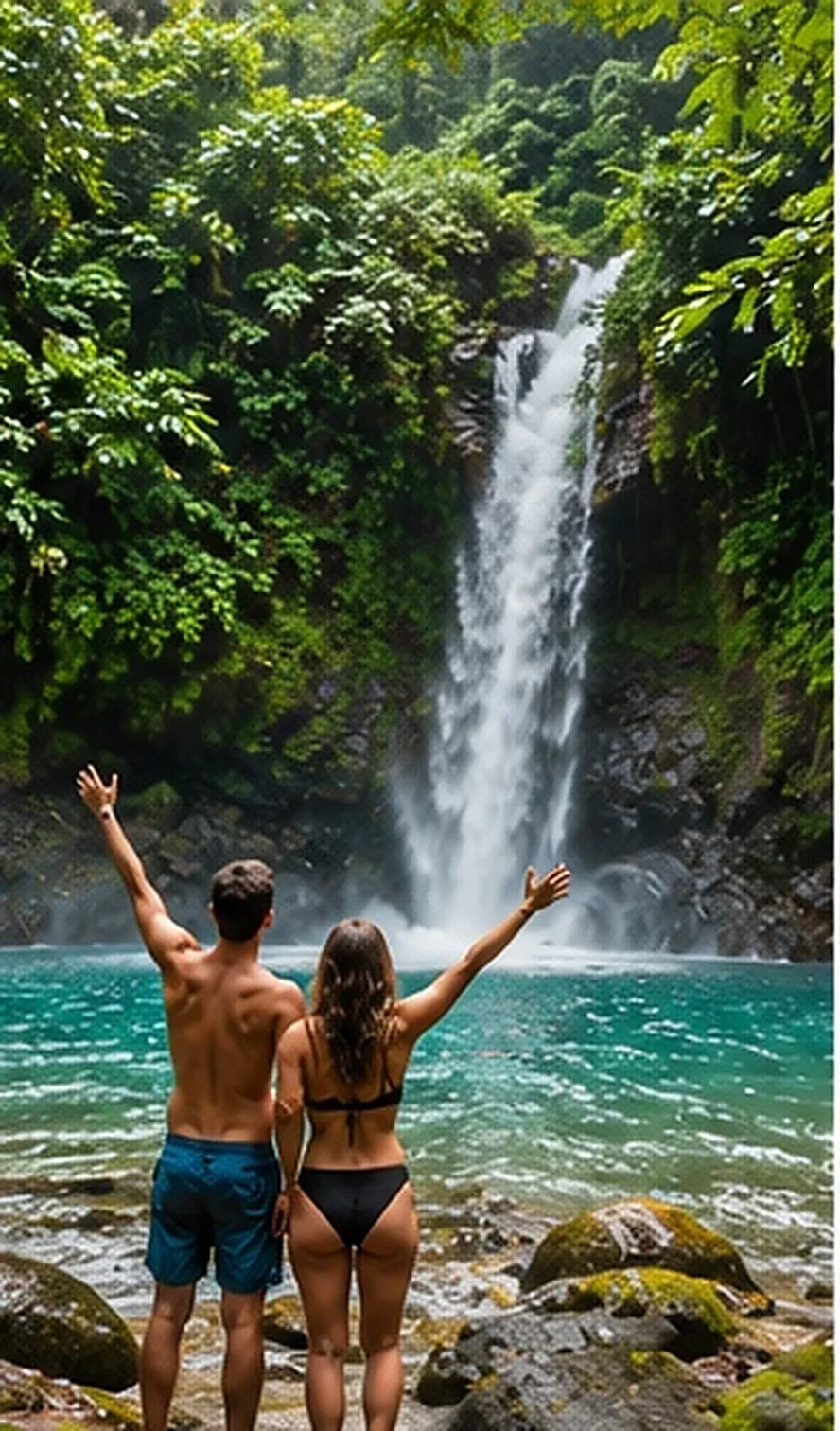 Ilustración creada con inteligencia artificial: pareja disfrutando de cascada tropical; servicio de transporte de Costa Rica