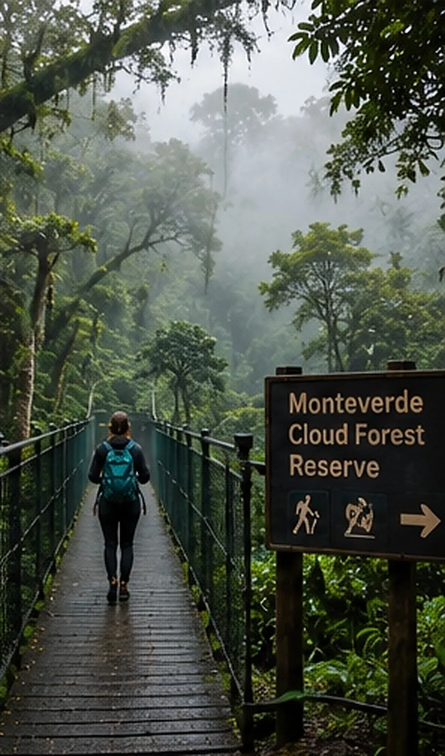 Ilustración creada con inteligencia artificial: visitante en bosque nuboso con rótulo de monteverde; servicio de transporte de Costa Rica