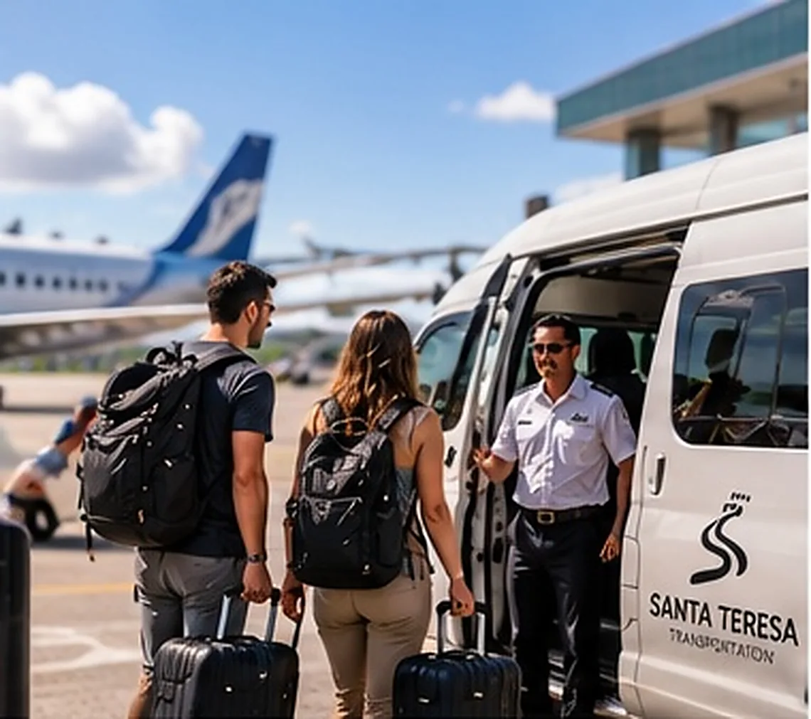 Ilustración creada con inteligencia artificial: viajeros y buseta blanca en terminal con avión; servicio de transporte de Costa Rica