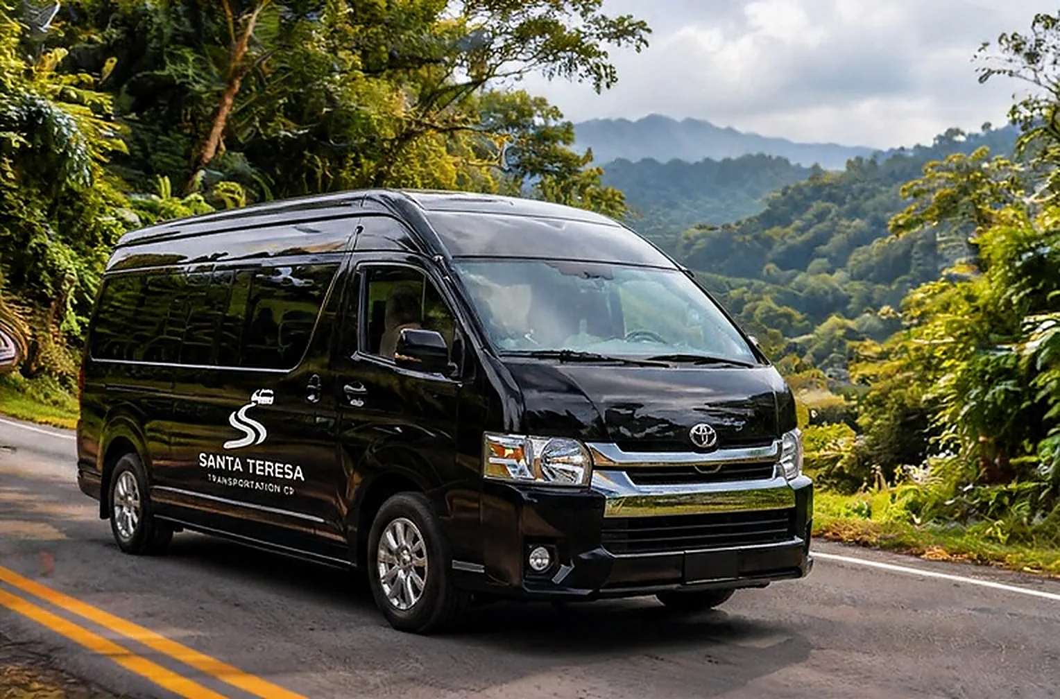 Ilustración creada con inteligencia artificial: buseta negra en carretera rodeada de bosque; servicio de transporte de Costa Rica
