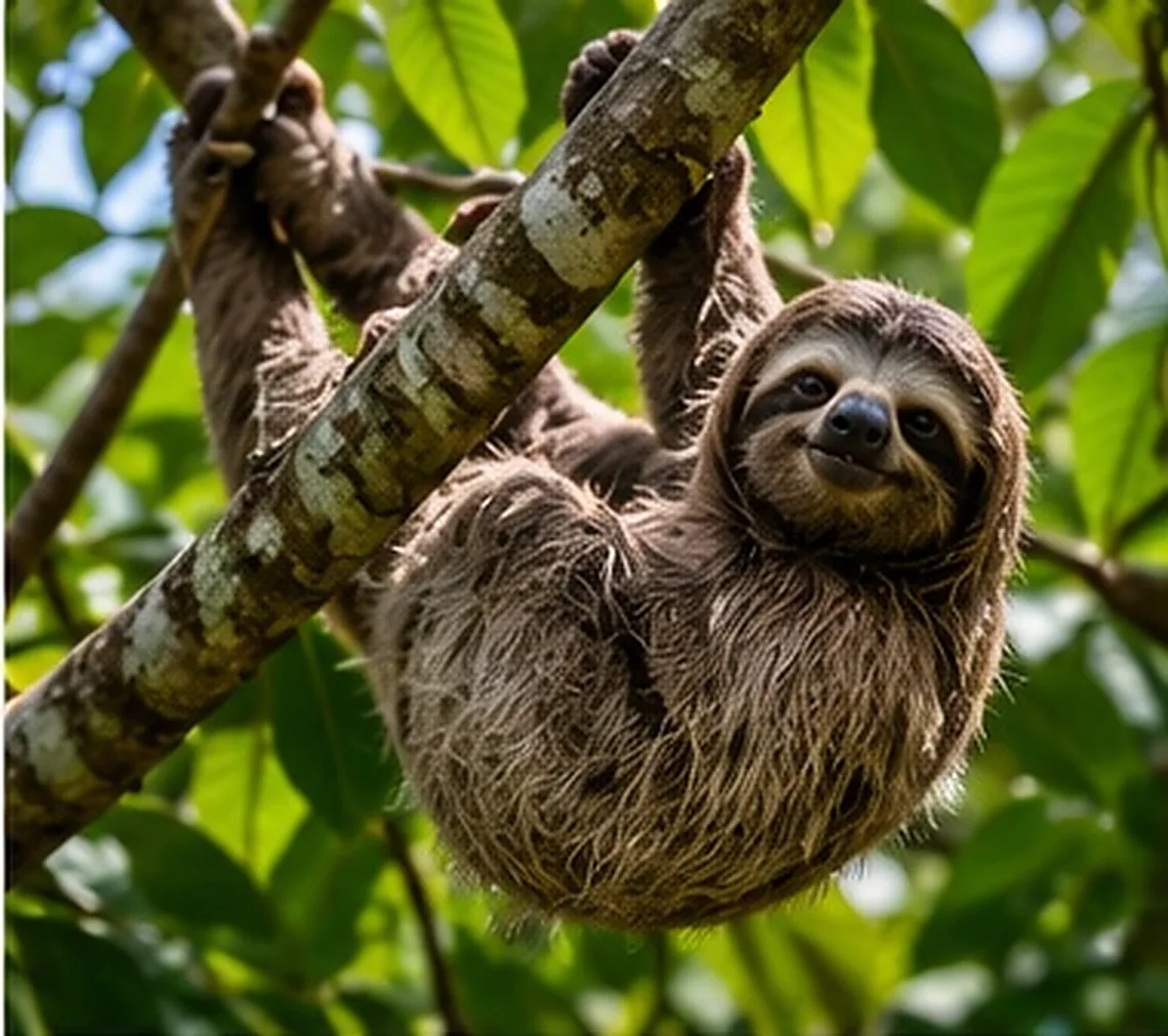 Ilustración creada con inteligencia artificial: perezoso colgando de una rama en la selva; servicio de transporte de Costa Rica