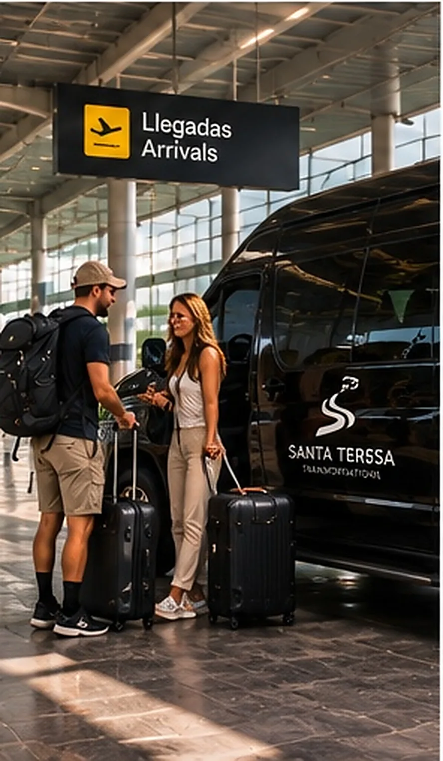 Ilustración creada con inteligencia artificial: viajeros recibiendo asistencia junto a vehículo negro en terminal; servicio de transporte de Costa Rica
