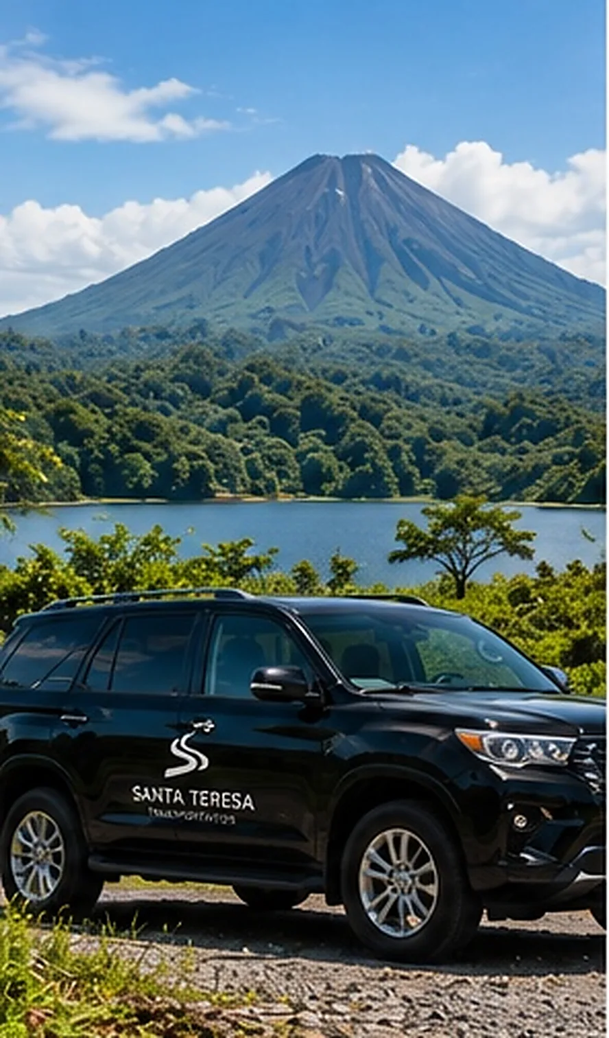 Ilustración creada con inteligencia artificial: vehículo negro frente a un lago rodeado de montañas; servicio de transporte de Costa Rica