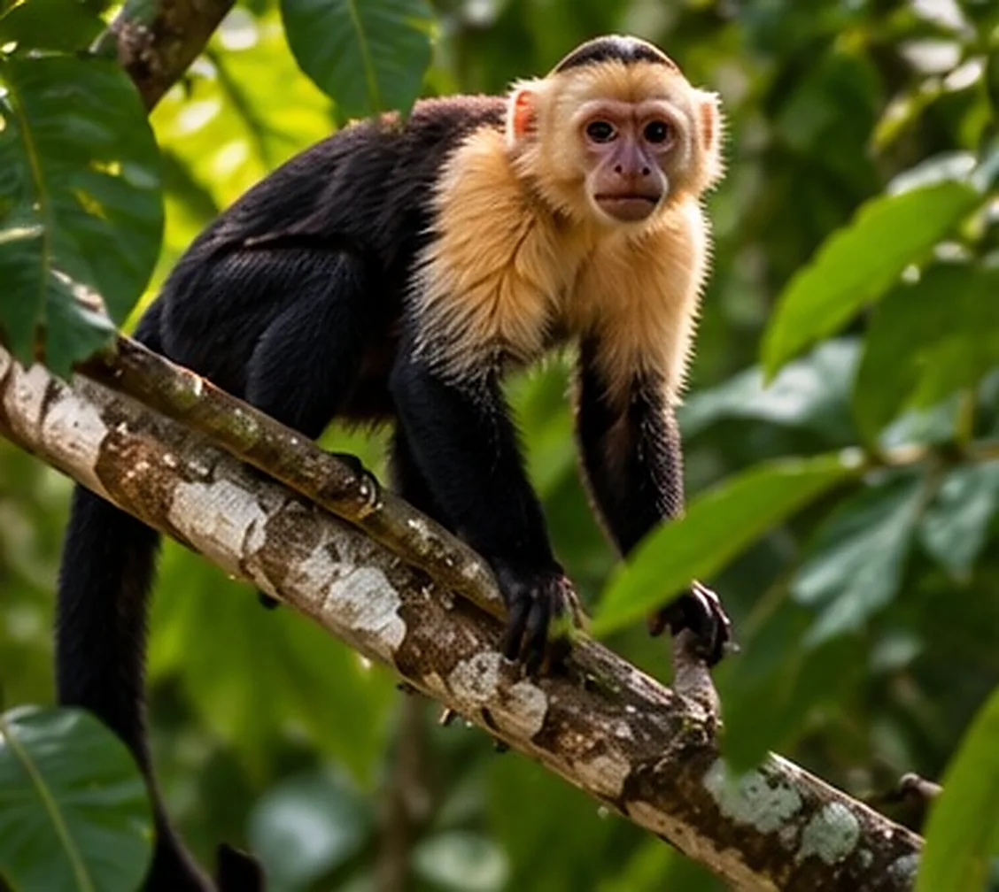 Ilustración creada con inteligencia artificial: mono sobre rama en selva tropical; servicio de transporte de Costa Rica