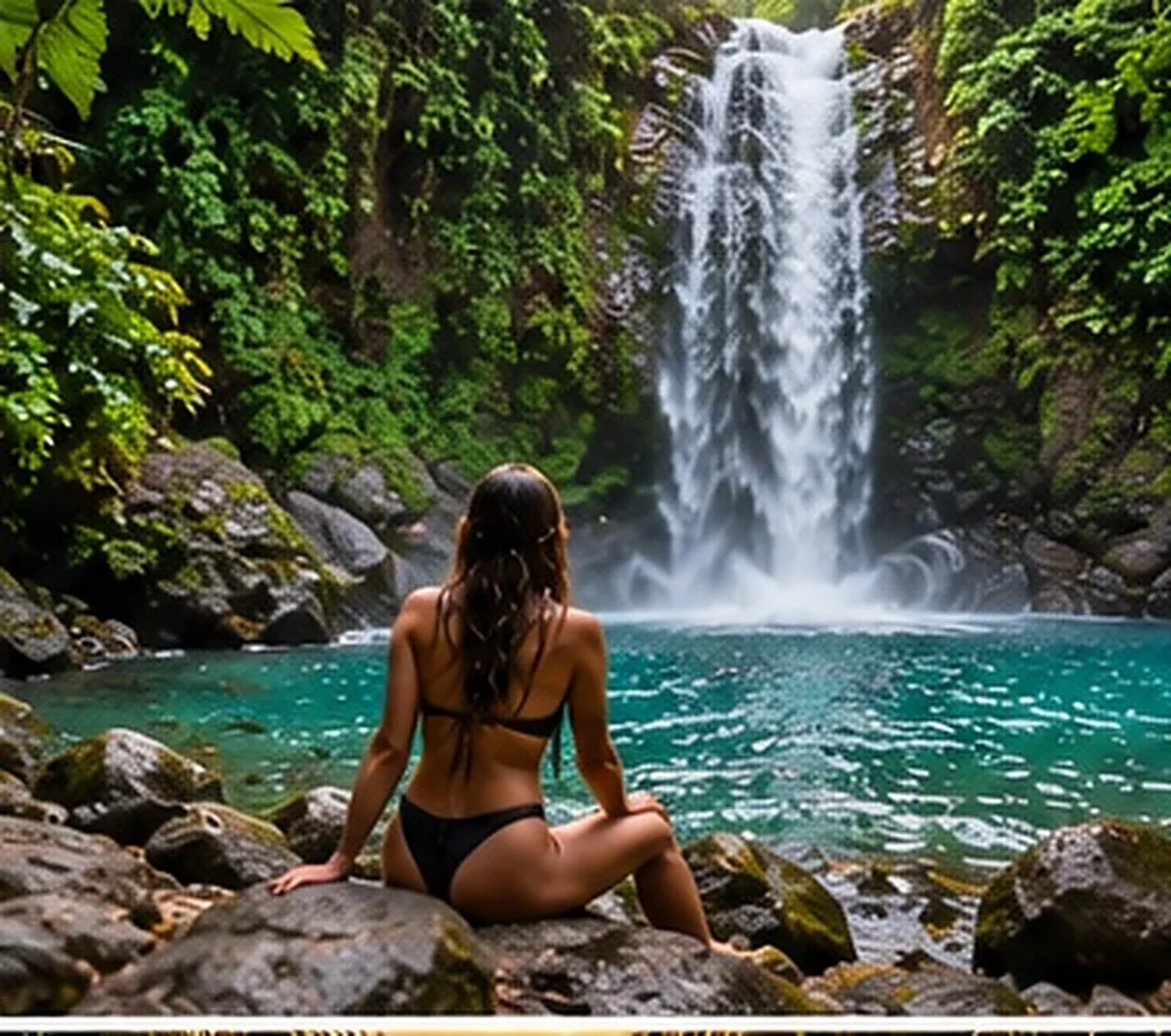 Ilustración creada con inteligencia artificial: cascada de agua turquesa rodeada de selva; servicio de transporte de Costa Rica