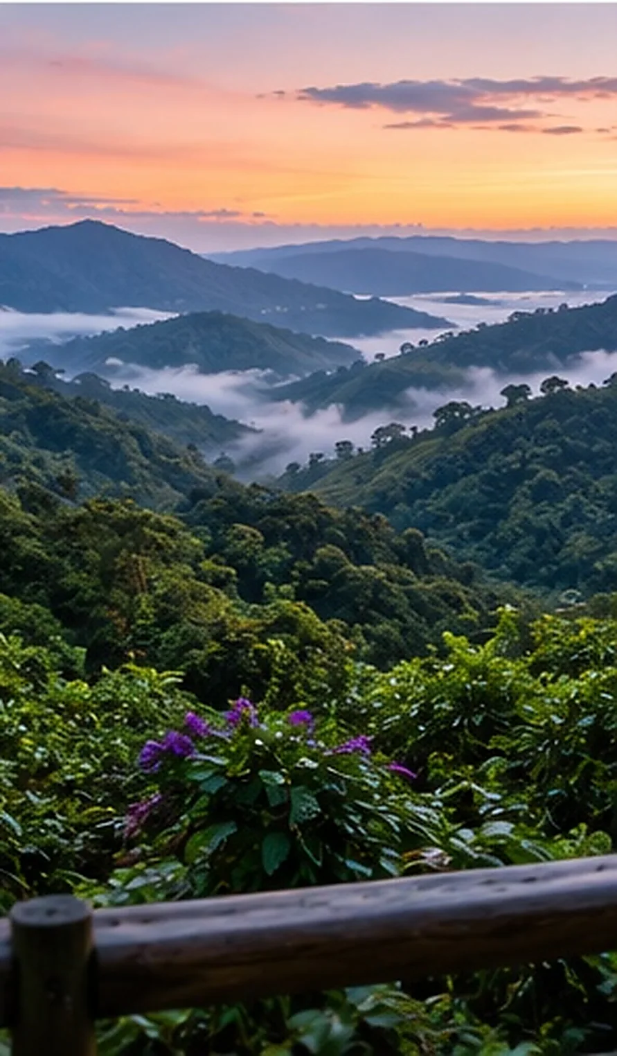 Ilustración creada con inteligencia artificial: cordillera verde cubierta de nubes bajas; servicio de transporte de Costa Rica