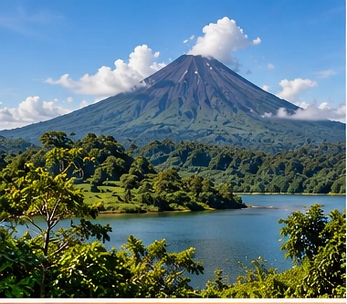 Ilustración creada con inteligencia artificial: volcán de silueta cónica y lago rodeado de bosque; servicio de transporte de Costa Rica