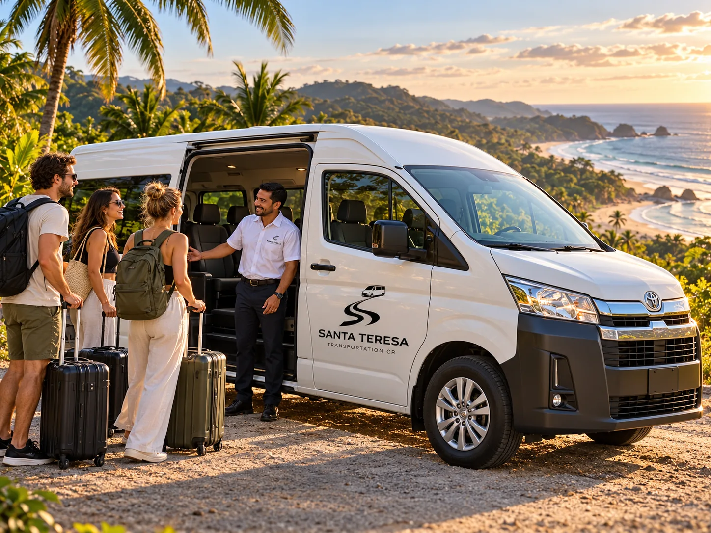 Ilustración creada con inteligencia artificial: buseta blanca y viajeros frente a costa tropical; servicio de transporte de Costa Rica