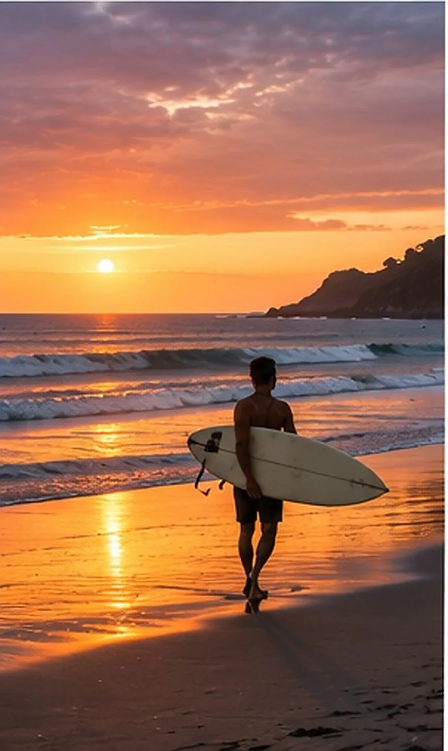 Ilustración creada con inteligencia artificial: surfista junto al mar durante el atardecer; servicio de transporte de Costa Rica