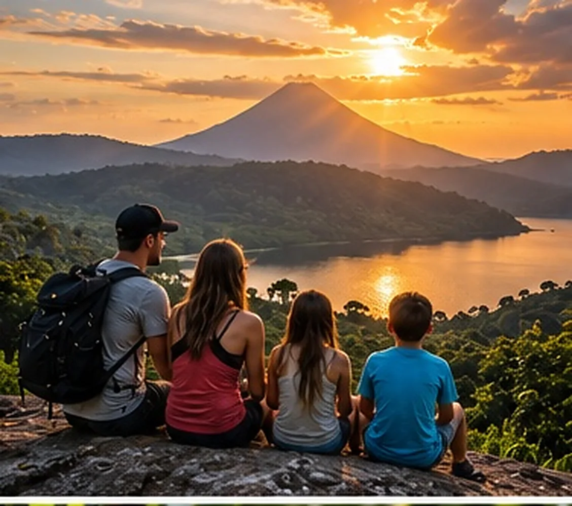 Ilustración creada con inteligencia artificial: familia contemplando un volcán junto a un lago; servicio de transporte de Costa Rica