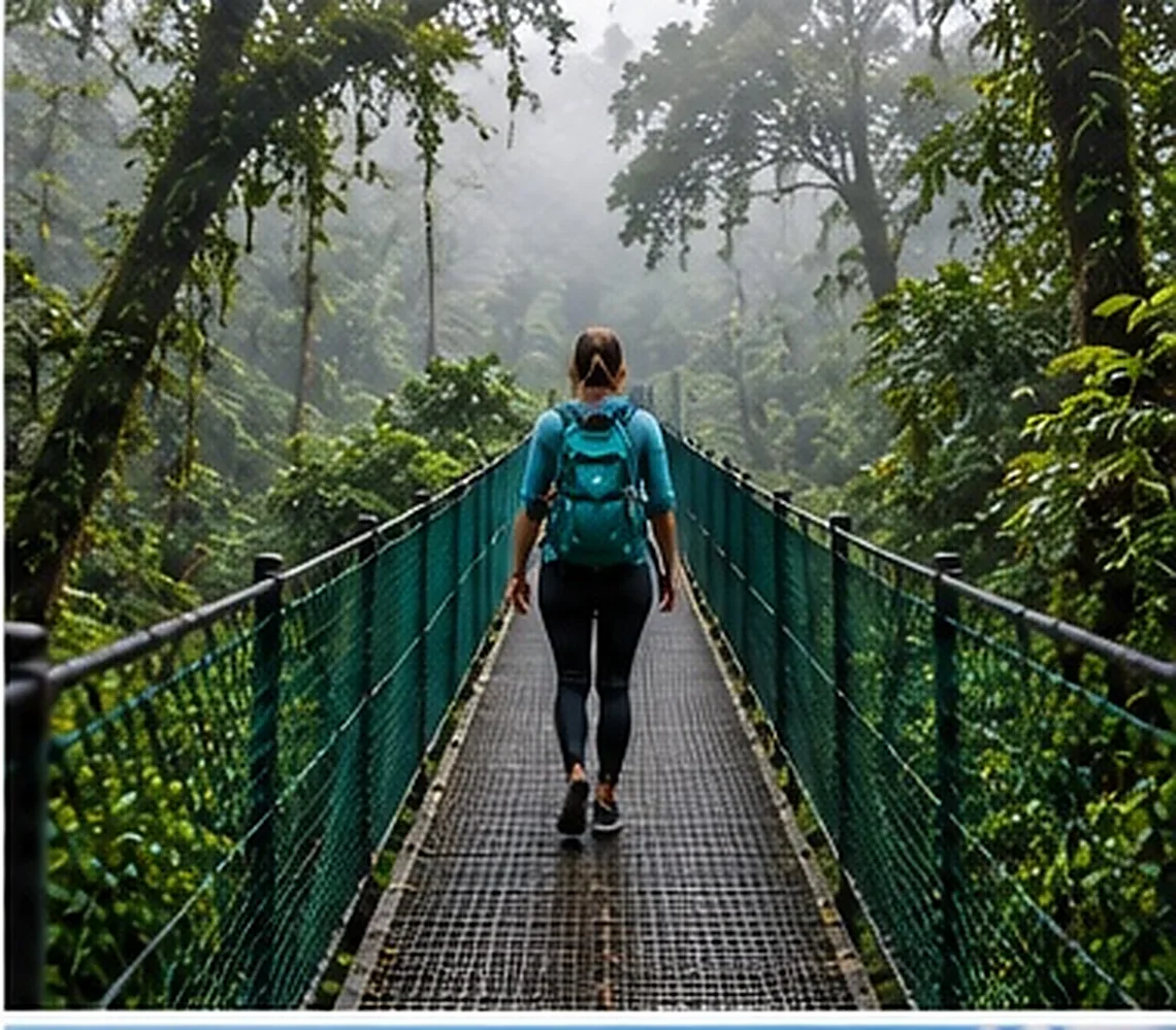 Ilustración creada con inteligencia artificial: caminante en puente colgante de bosque nuboso; servicio de transporte de Costa Rica