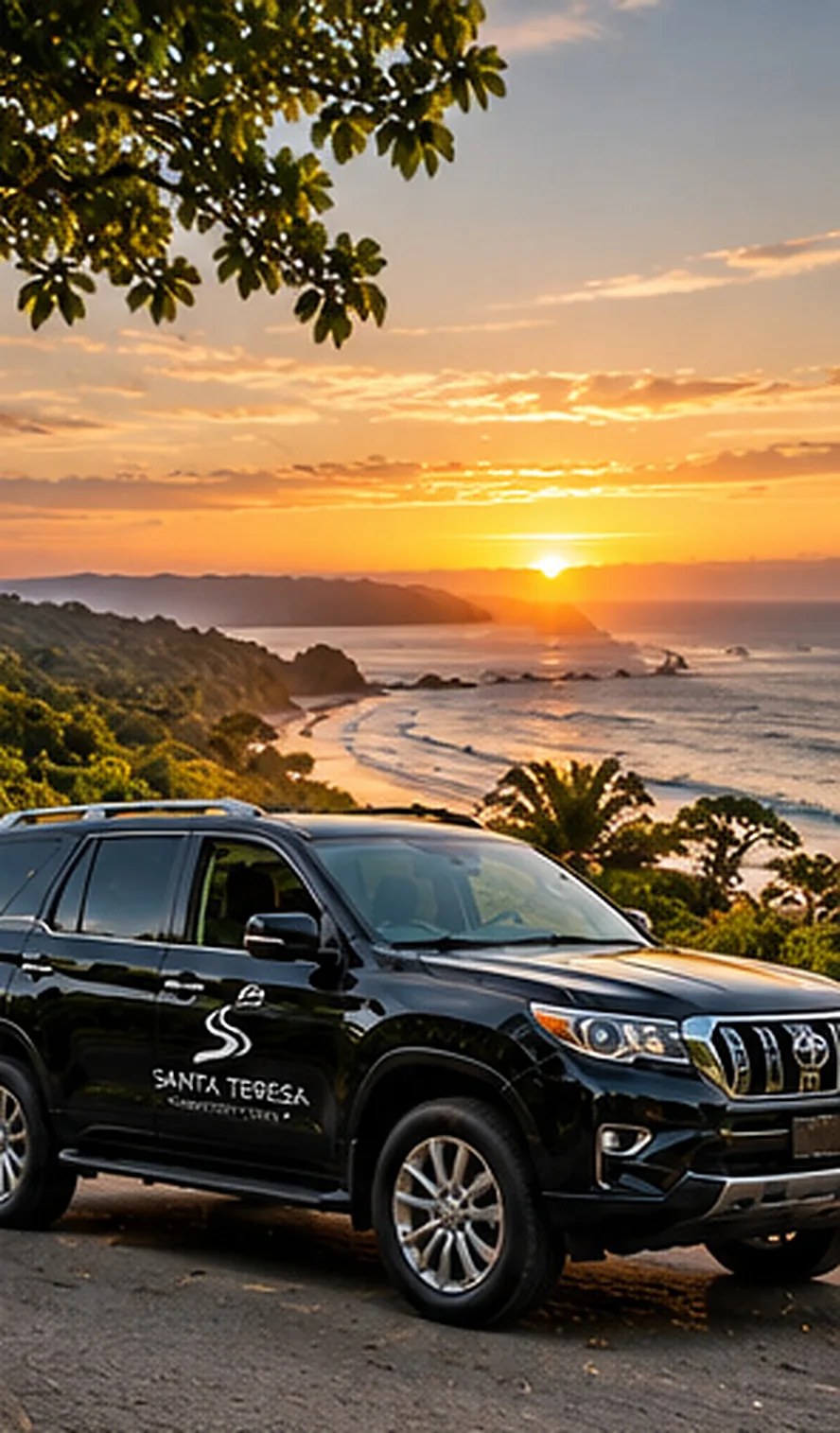 Ilustración creada con inteligencia artificial: suv negra y puesta del sol junto a la costa; servicio de transporte de Costa Rica