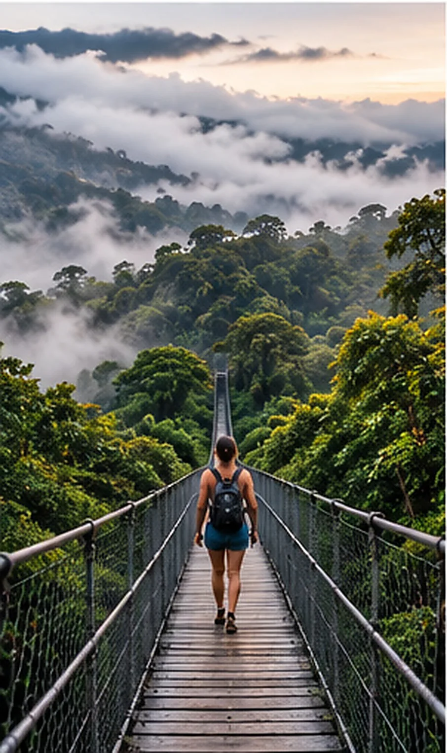 Ilustración creada con inteligencia artificial: senderista cruzando puente en bosque nuboso; servicio de transporte de Costa Rica