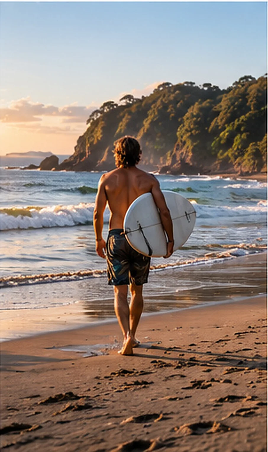Ilustración creada con inteligencia artificial: surfista caminando hacia la playa al atardecer; servicio de transporte de Costa Rica
