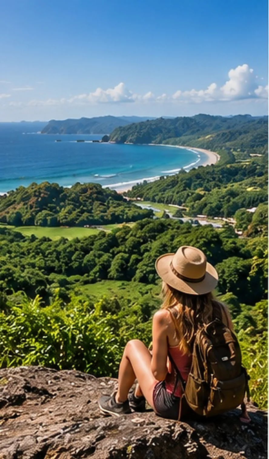 Ilustración creada con inteligencia artificial: turista disfrutando de un mirador hacia la costa; servicio de transporte de Costa Rica