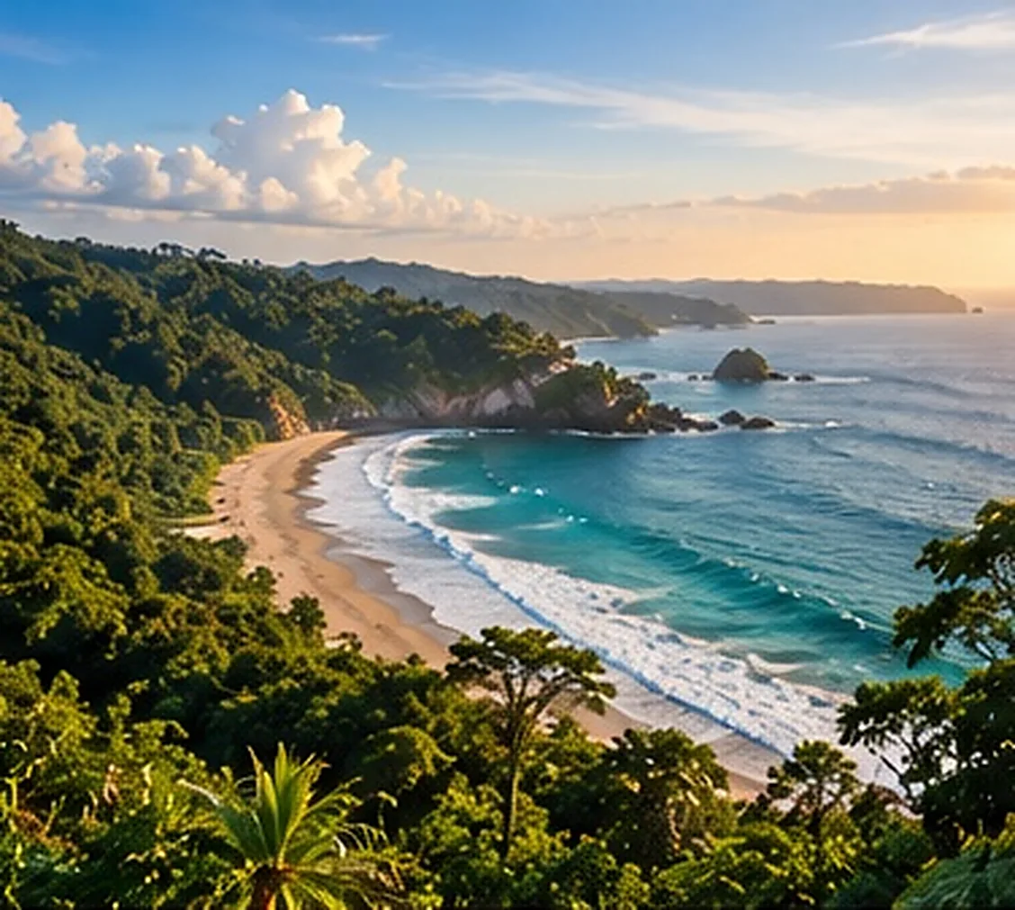 Ilustración creada con inteligencia artificial: bahía tropical del pacífico entre colinas verdes; servicio de transporte de Costa Rica