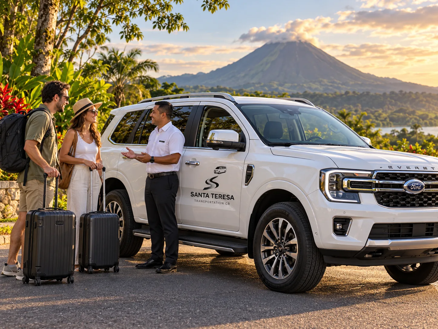 Ilustración creada con inteligencia artificial: suv blanca, pasajeros y paisaje volcánico; servicio de transporte de Costa Rica