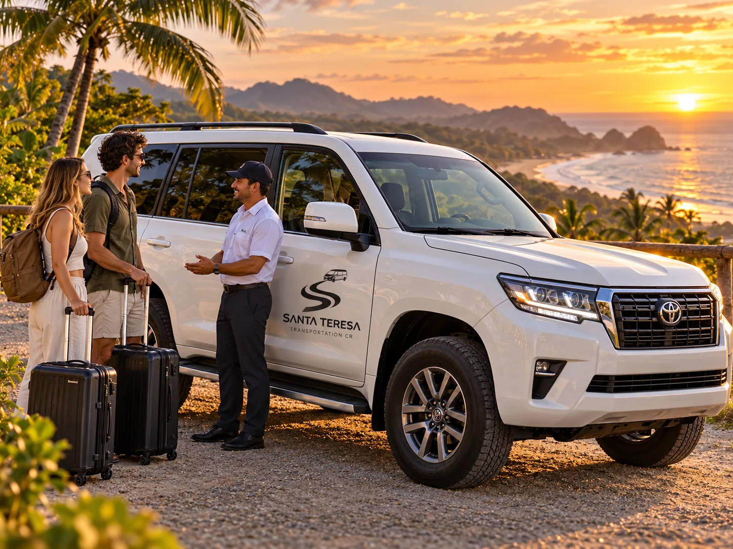 Ilustración creada con inteligencia artificial: suv blanca con viajeros al atardecer costero; servicio de transporte de Costa Rica