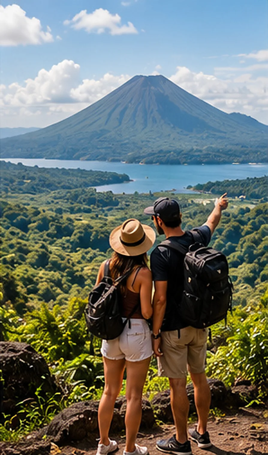 Ilustración creada con inteligencia artificial: viajeros contemplando una bahía del pacífico desde un mirador; servicio de transporte de Costa Rica