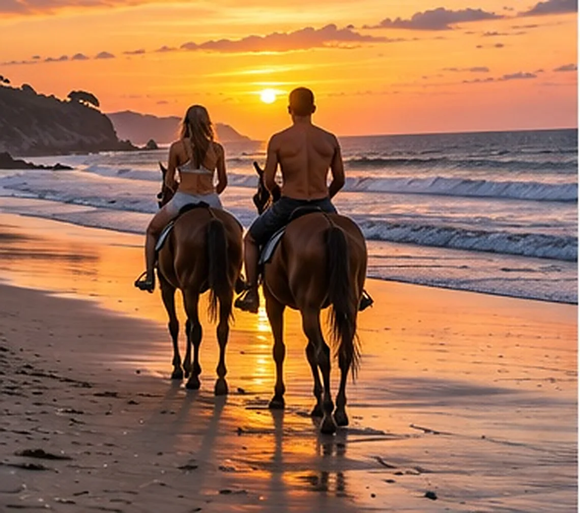 Ilustración creada con inteligencia artificial: viajeros a caballo frente a la playa al atardecer; servicio de transporte de Costa Rica