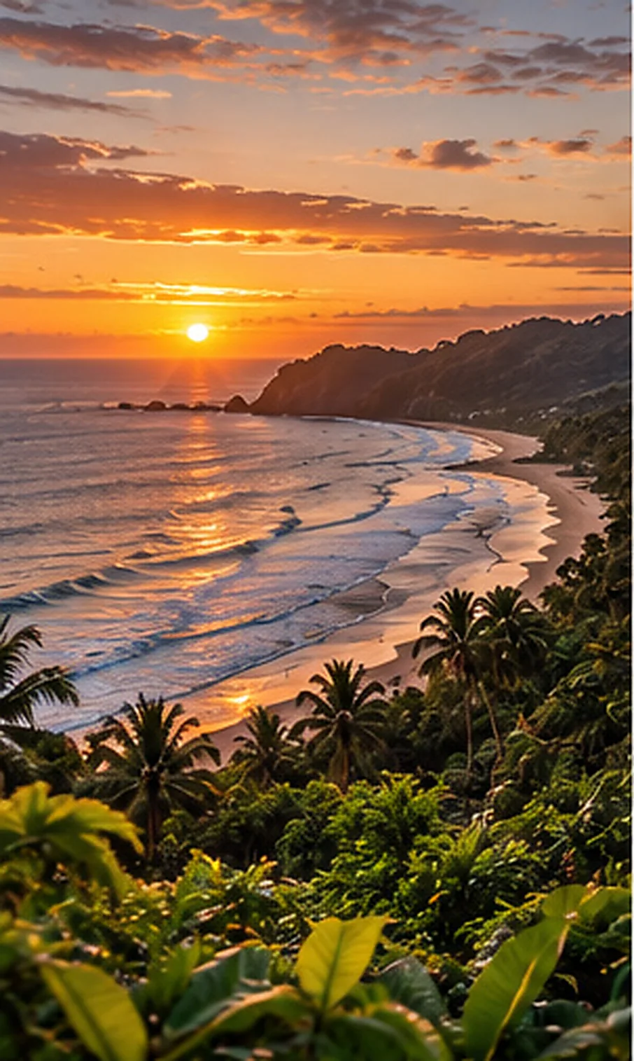 Ilustración creada con inteligencia artificial: playa del pacífico con palmeras al atardecer; servicio de transporte de Costa Rica