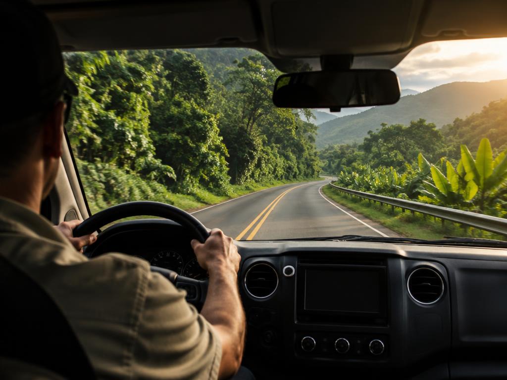 Conductor en una carretera rodeada de selva