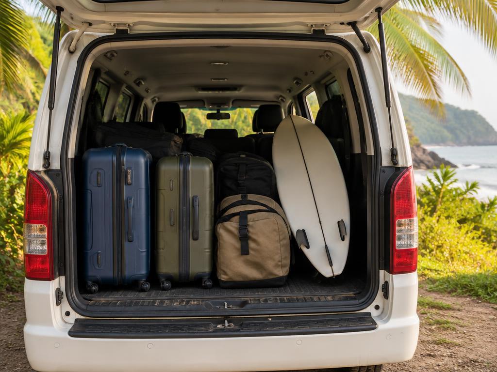 Maletas y tabla de surf cargadas en una van