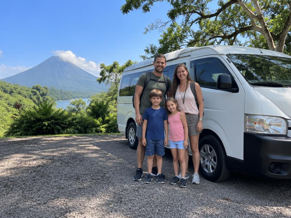 Familia con niños junto a una van en Costa Rica