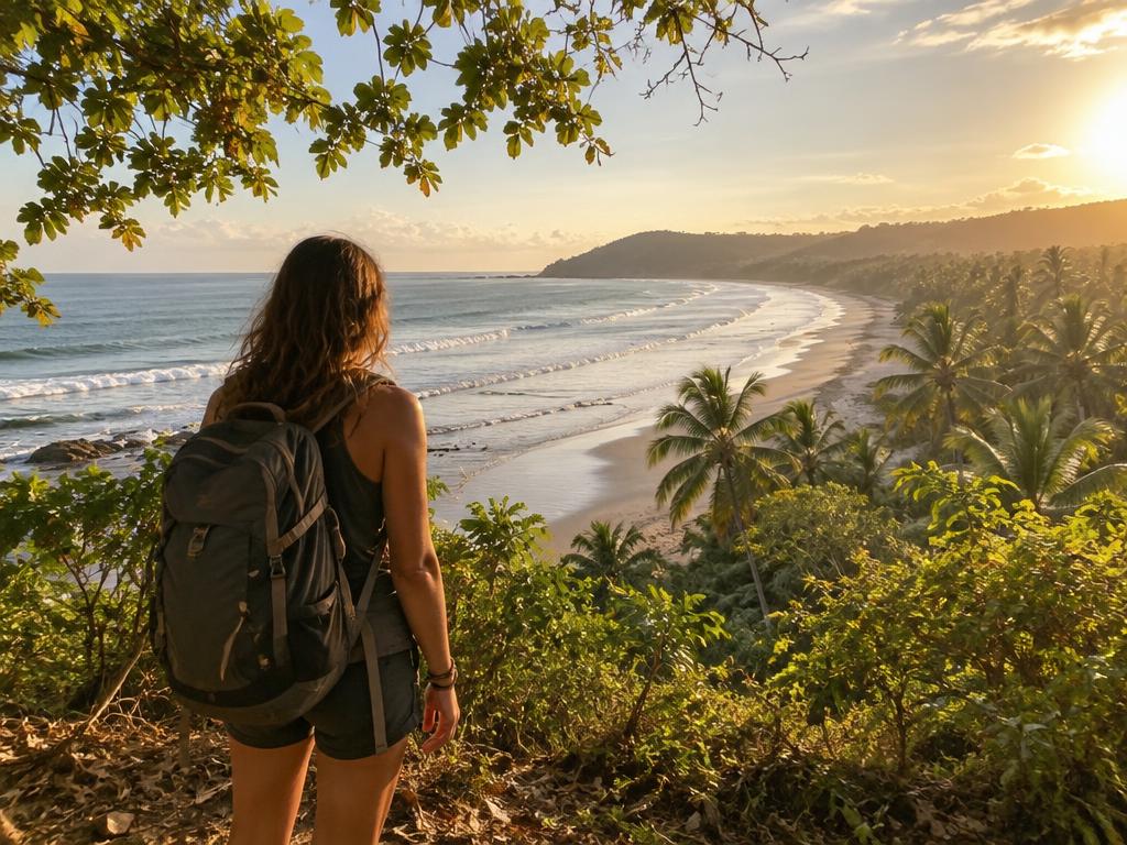 Viajera mirando una playa del Pacífico al llegar